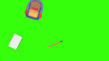 Yeşil ekranda okula geri dönen nesnelerin çizgi film animasyonu