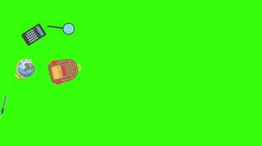 Yeşil ekranda okula geri dönen nesnelerin çizgi film animasyonu