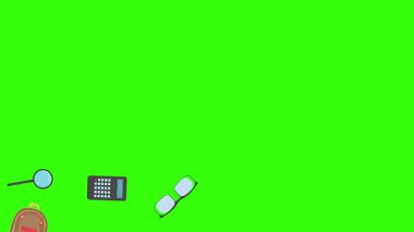 Yeşil ekranda okula geri dönen nesnelerin çizgi film animasyonu