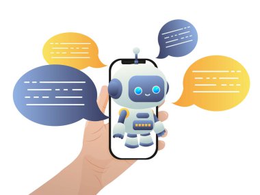 Sevimli çizgi film robotu. Al İçerik Jeneratörü. Chatbot teknolojisi. Yapay zeka ve sinir ağlarına dayalı yapay zeka ve sohbet robotu. İnsanlar sohbet robotu kullanır. Vektör.