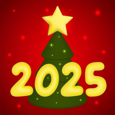 Mutlu yıllar 2025. 3D Noel ağacı ve 2025 kırmızı arka planda. Vektör çizimi. Mutlu Noeller.