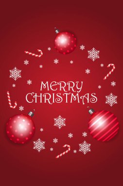Mutlu noel tebrik kartları. Xmas topları, baston şekerler ve kırmızı arka planda kar taneleri. Vektör çizimi. Kış tatili sezon tasarımı.