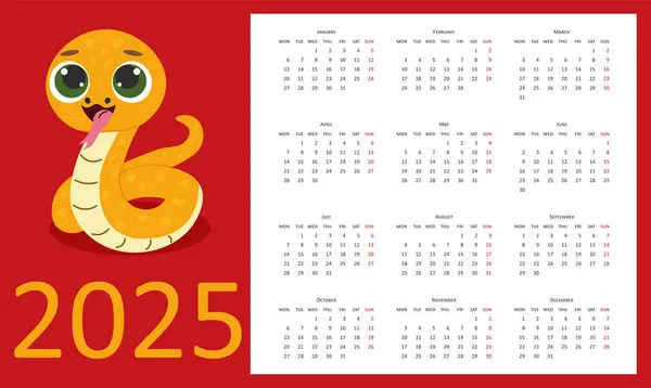 Takvim 2025 yılbaşı şablonu. Hafta pazartesi başlıyor. Yılan Yılı. Vektör illüstrasyonu.