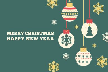 Mutlu Noeller ve yeni yıl posteri, bir tebrik kartı. Noel topları ya da kar taneleri ile şenlikli tasarım. Tatil kapağı için vektör şablonu.