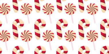 Kusursuz bir yeni yıl düzeni. Yeni yıl dokusu. Noel şekeri baston şekeri, lolipop. Vektör illüstrasyonu.