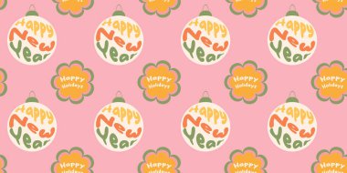 Kusursuz desenli, pembe arka planda cümleler olan Noel topları. Vektör illüstrasyonu hippi tarzı.