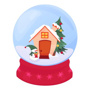Noel kar küresi, şirin bir ev, Noel ağacı, kardan adam. Vektör çizimi. Yeni yıl kar küresi.