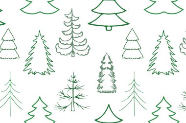 Yeşil Noel ağaçlarıyla kusursuz desen. Hediye paketi. Vektör çizimi. satır biçimi