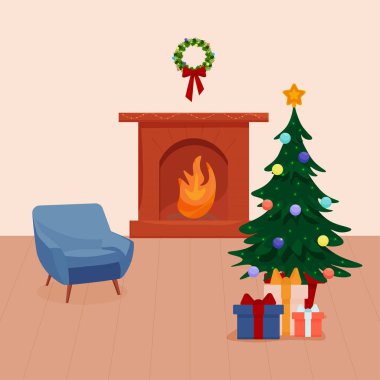 Noel ve yeni yıl için dekore edilmiş bir oturma odası. İçinde hediyeler, şömine, çelenkler, koltuk ve Noel çelengi olan yeşil bir Noel ağacı. Vektör İllüstrasyonu
