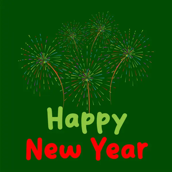 Yeşil arka planda renkli, parlak havai fişekler. Yeni Yıl Kart Vektörü illüstrasyonu