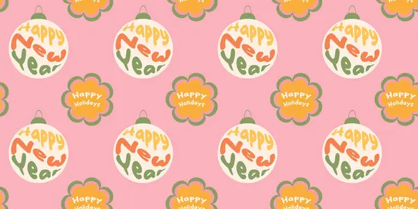 Kusursuz desenli, pembe arka planda cümleler olan Noel topları. Vektör illüstrasyonu hippi tarzı.