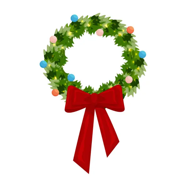 Dekorasyon için Noel çelengi. Kırmızı kurdeleli yeni yıl çelengi, balonlar, çelenkler. Beyaz arkaplanda izole edilmiş vektör illüstrasyonu.