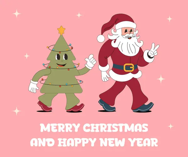 Eski moda Noel vektör çizimi. Holly neşeli titreşimler. Noel yeşili ve gülen yüzlü Noel Baba.