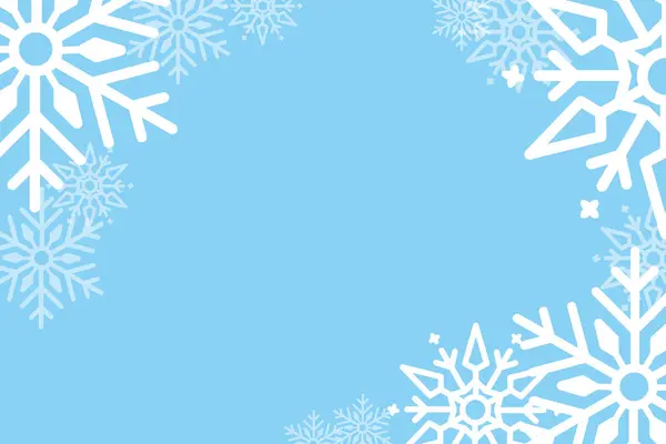 Açık mavi arkaplanda beyaz kar taneleri ile kış arkaplanı, metin veya tasarım elementleri için boş bir merkezi alan içerir.