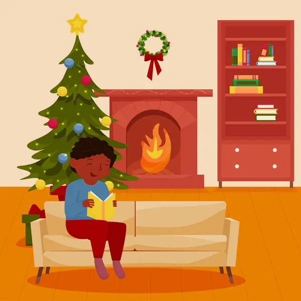 Güzel bir Afro-Amerikalı kadın elinde kitapla bir odada kanepede oturuyor. Noel arifesi. Noel masalları ve hikayeler. Vektör çizimi. Yeni yıl yaklaşıyor.