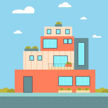 Konteynır evleri. Modern modüler blok evler. Düz vektör karikatür çizimi.