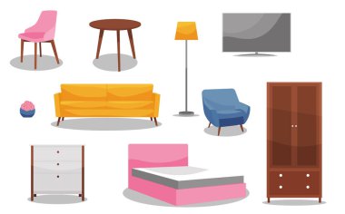 Mobilya vektör çizimi. Ev ya da ofis iç dekorasyonu için tasarımcı öğeleri beyaza izole edildi.