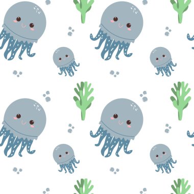 Tatlı denizanalarıyla kusursuz bir geçmişi var. Su altı dünyası. Kumaş örneği, ambalaj kağıdı. vektör