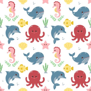 Deniz yaşamının kusursuz bir düzeni. Şirin deniz hayvanları. Vektör düz resimleme.