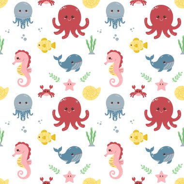 Deniz hayvanlarının olduğu kusursuz bir pankart. Su altı yaşamı. Kumaş örneği, ambalaj kağıdı. Vektör illüstrasyonu