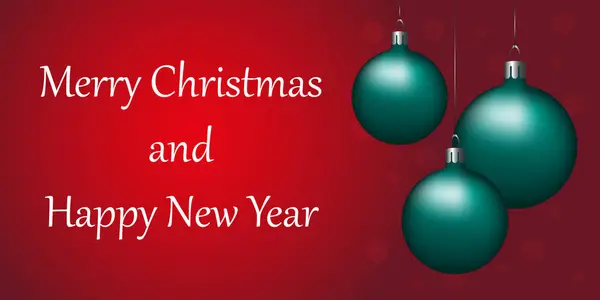 Yeşil taşaklı Mutlu Noeller Kırmızı Arka plan. Yatay Noel posterleri, tebrik kartları, web sitesi. Vektör