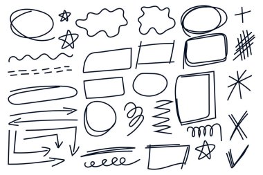 El çizimi karalama şekilleri. Vektör çizimi. Fırça, vurgulama ögesi, not, altı çizili