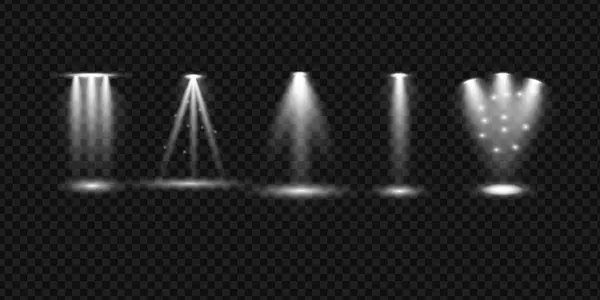 Beyaz spot ışıkları şeffaf arkaplanda parlıyor. Spot ışığı. Noel ışıkları üstüste. Vektör illüstrasyonu.