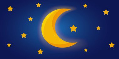 Gece mavi gökyüzünde ay ve yıldızlar. Vektör çizimi. Ramazan.