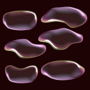 Holografik etkisi olan sıvı bir form. Karanlık bir arka planda. Yansıması olan bir sabun köpüğü. Vektör çizimi. soyut cam sıvısı.