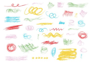 Pastel çizgiler ve şekiller. Karalama koleksiyonu. El çizimi vektör çizgileri, doku karalamaları