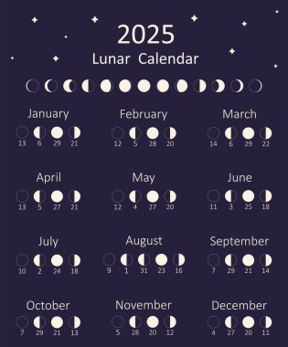 2025 yılının Ay takvimi. Ay takvimi. Vektör illüstrasyonu.