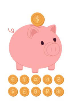 Piggy Bank ve farklı madeni paralar. Yatırım ve banka, hesaptan kaydedin. düz Vektör illüstrasyonu
