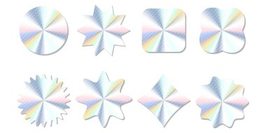 Gerçekçi çıkartmalar, hologram amblemleri, holografik etiketler. vektör illüstrasyonu.