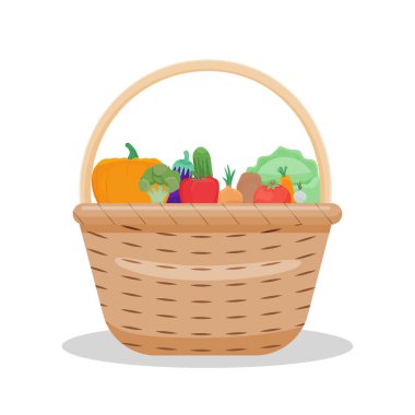 Sepetin içinde sebzeler ve beyazın üzerinde bitkiler. Vektör çizimi. Bahçeden gelen ürünler.