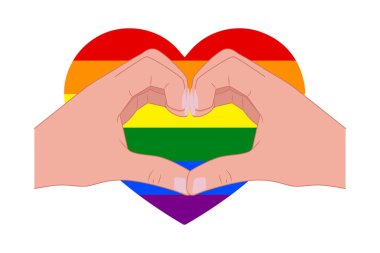 Gökkuşağı bayraklı vektör kalp. Eller hareket eder, kalp yapar. Beyaz arka planda izole edilmiş. Bir LGBT ögesi