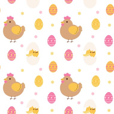 Çiçekli paskalya deseni, Paskalya yumurtası, tavuk ve tavuk. Paskalya kartları, afişler, tekstil ürünleri, duvar kağıtları için uygun. Vektör illüstrasyonu.