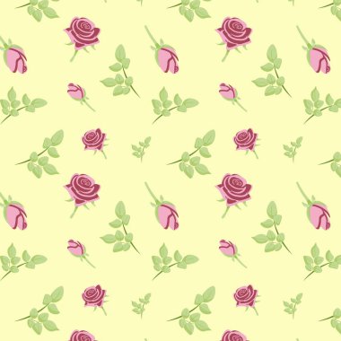 Sarı arka planda güller olan pürüzsüz bir desen. Düz vektör illüstrasyonu.