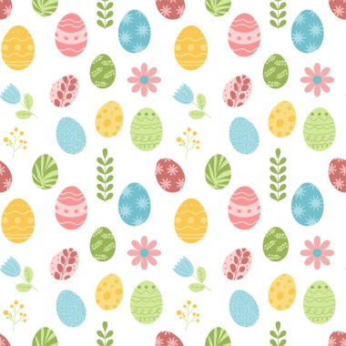 Paskalya yumurtaları ve çiçeklerle kusursuz bahar deseni. Vektör düz resimleme.