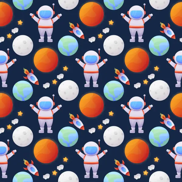 Roketli, astronotlu, gezegenli ve yıldızlı kusursuz bir model. Vektör çizimi. Dekoratif tekstil, ambalaj kağıdı, duvar kağıdı, kapaklar. Evren, bilim.