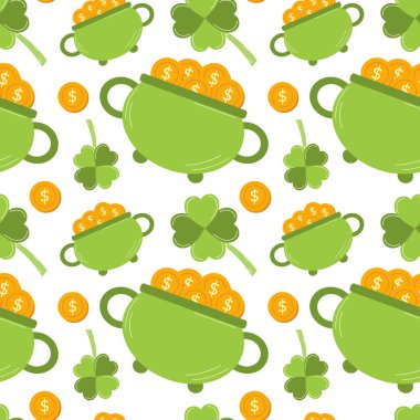 Seamless St. Patrick's Day pattern with clover and a pot of coins. template for textiles, interior design, book decoration, website background, invitation, greeting card, pub menu. Vector illustration clipart