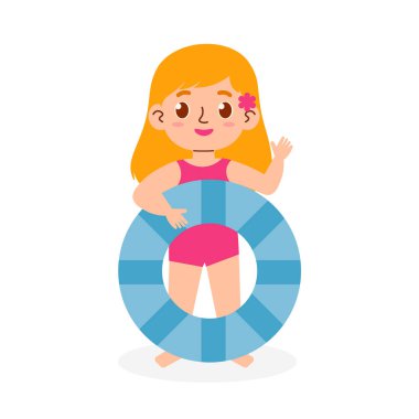 Yüzme çemberi olan tatlı bir kız, yaz tatili, vektör çizimi..