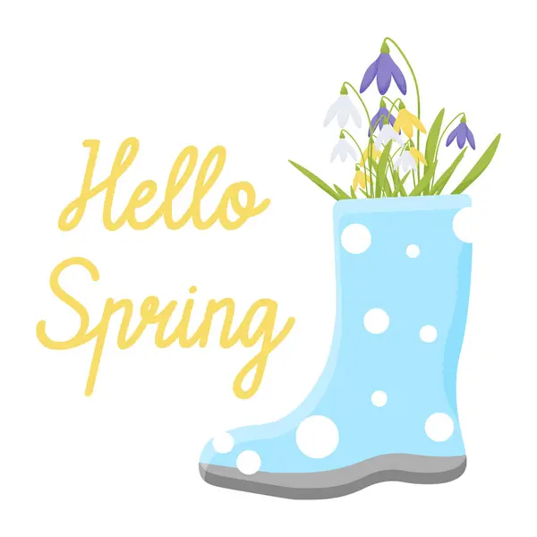 Mavi lastik çizmeli kar damlaları. Merhaba bahar. Bahçıvanlık. vektör illüstrasyonu