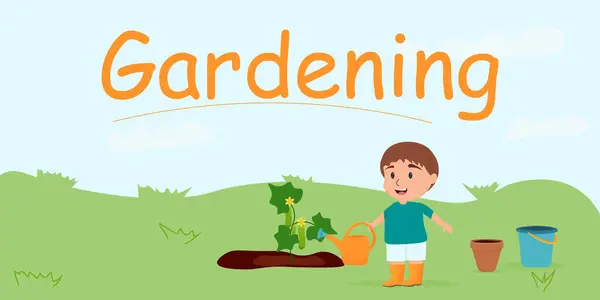 Bahçıvan çocuk sebze ve salatalık yetiştiriyor. Çiftçilik. Vektör illüstrasyonu.