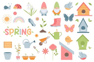 Bahçıvanlar için bir set. Bahçe eşyaları düz stil. Bahar işleri için tarım ve bahçe aletleri. vektör