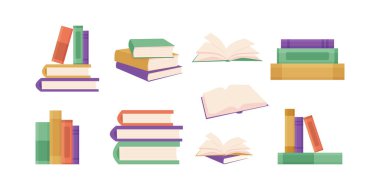 Bir kitap seti, ders kitapları. Açık kitapları, kitap yığınları, kapalı kitapları olan vektör illüstrasyonları. Eğitim, kütüphane, dükkan, okuma kulübü konsepti