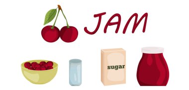 Kırmızı kirazlı vektör reçeli. Mutfak kitabı reçetesi..