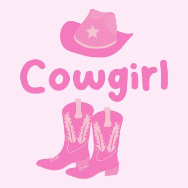 Cowgirl kartpostalı. Pembe kovboy çizmeleri ve pembe arka planda bir şapka. Vektör