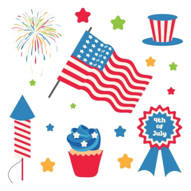 4 Temmuz çıkartma seti. Bağımsızlık Günü. Vektör çizimi. Şeffaf arkaplanda izole.