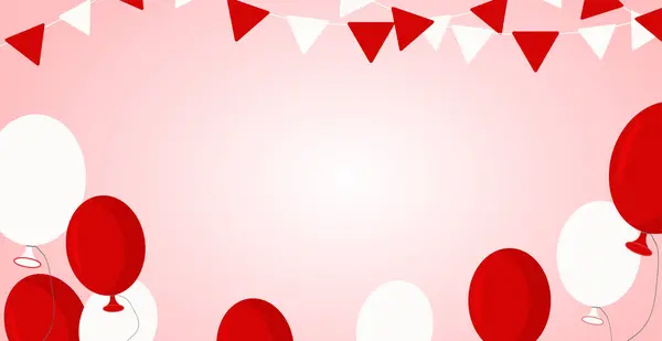 Kırmızı ve beyaz balonlu pankart, pembe arka planda bayraklar. vektör illüstrasyonu