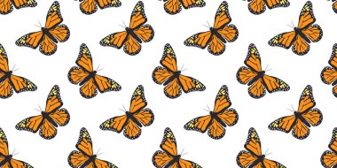 Göz kamaştırıcı ve canlı bir desen. Parlak beyaz bir arka planda çırpınan kral kelebekleri.